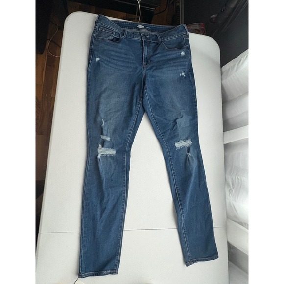 Old Navy Pop Icon Skinny Jeans Ripped Distressed Denim Blue Wash Size 12 Long - Picture 1 of 5